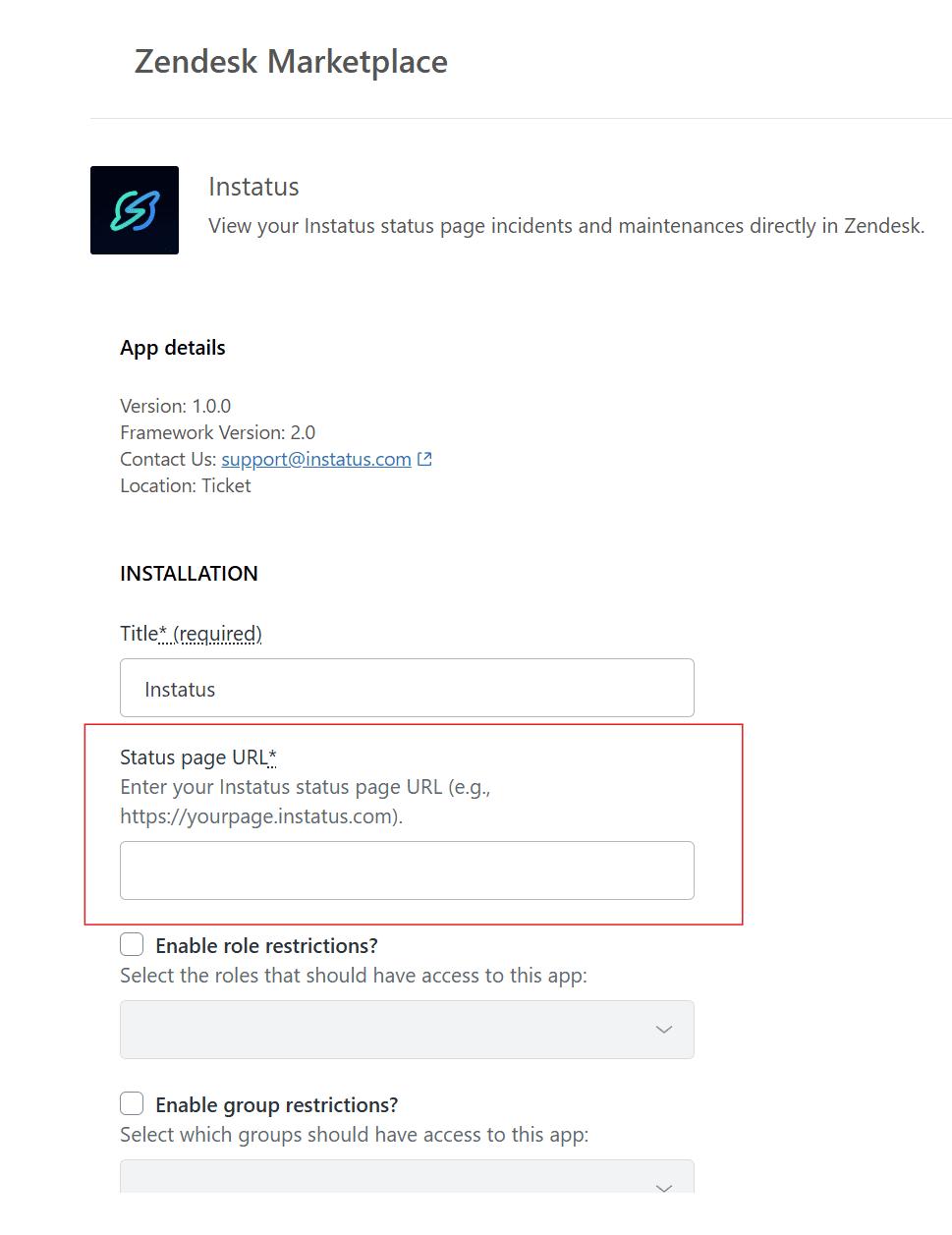 Instatus app installation page in Zendesk Marketplace showing Status page URL configuration field