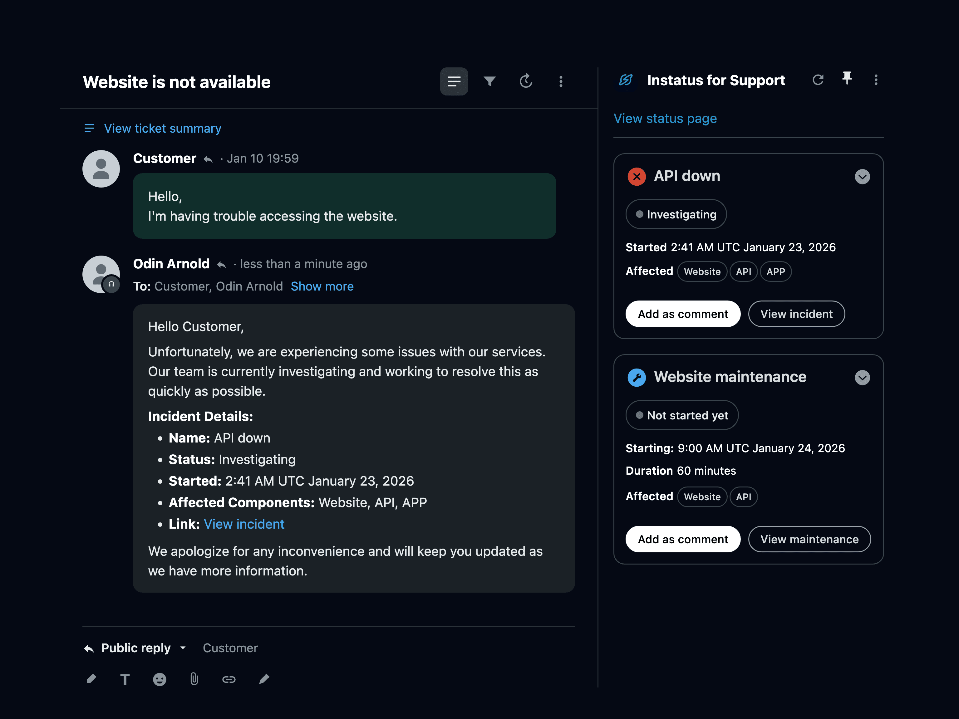 Zendesk ticket view showing Instatus app sidebar with current incidents and maintenances displayed