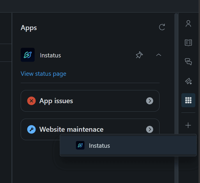 Zendesk Apps sidebar showing how to pin the Instatus app for easy access in ticket view